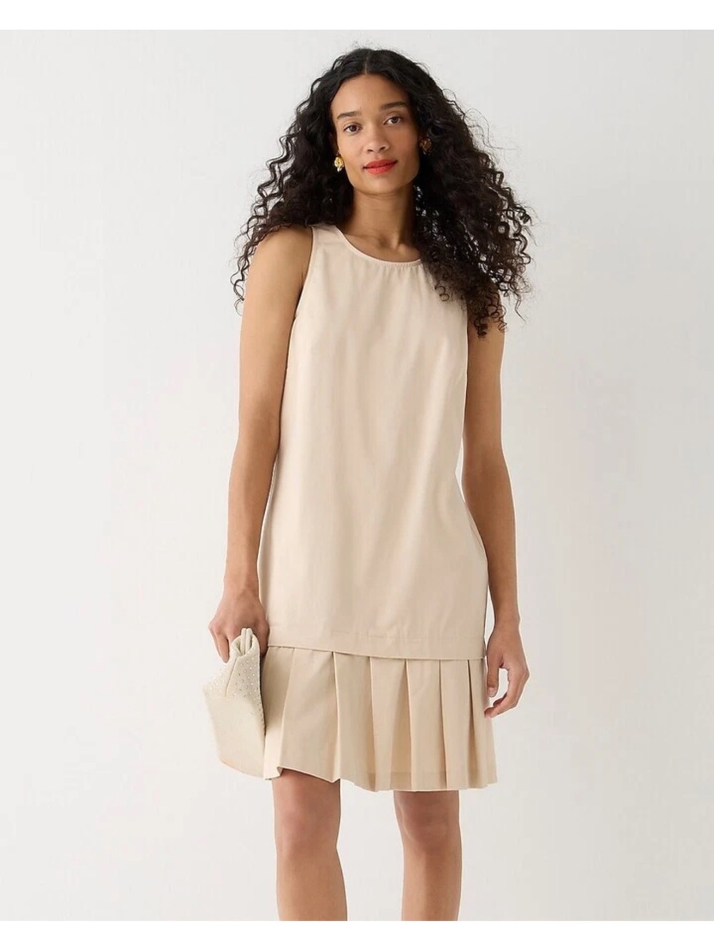 NEW J. Crew Pleated Hem Shift Dress Poplin Cotton Tan Neutral Sleeveless